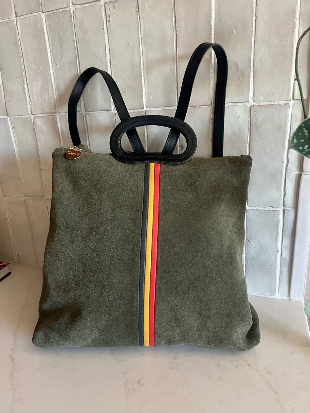 Clare V. Marcelle Suede Backpack Olive Green multi Stripe